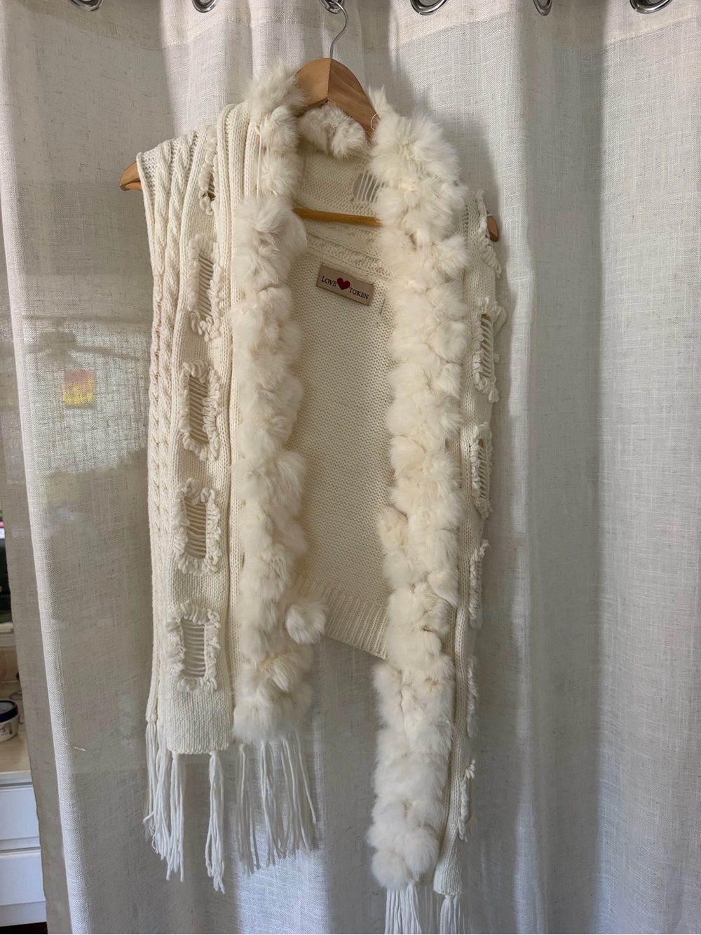 Love Token Cream Knit Fringe Vest with Bunny Fur Trim